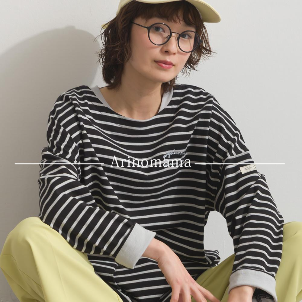 OE天竺 刺繍ロゴ ダブルカフス ボーダーロンT 長袖 Tシャツ