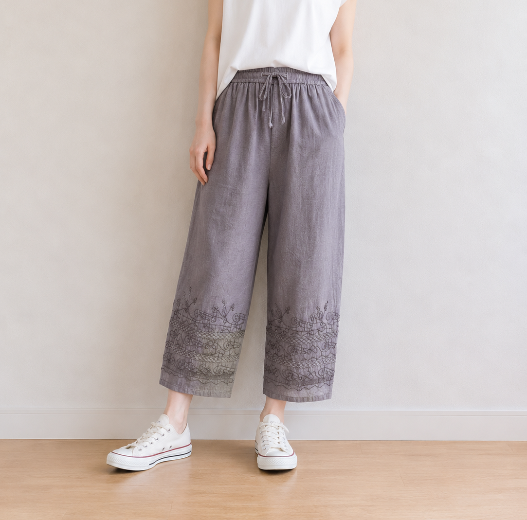 夏物　インド綿7分丈裾刺繡パンツ  ※WASH【30本セット】
