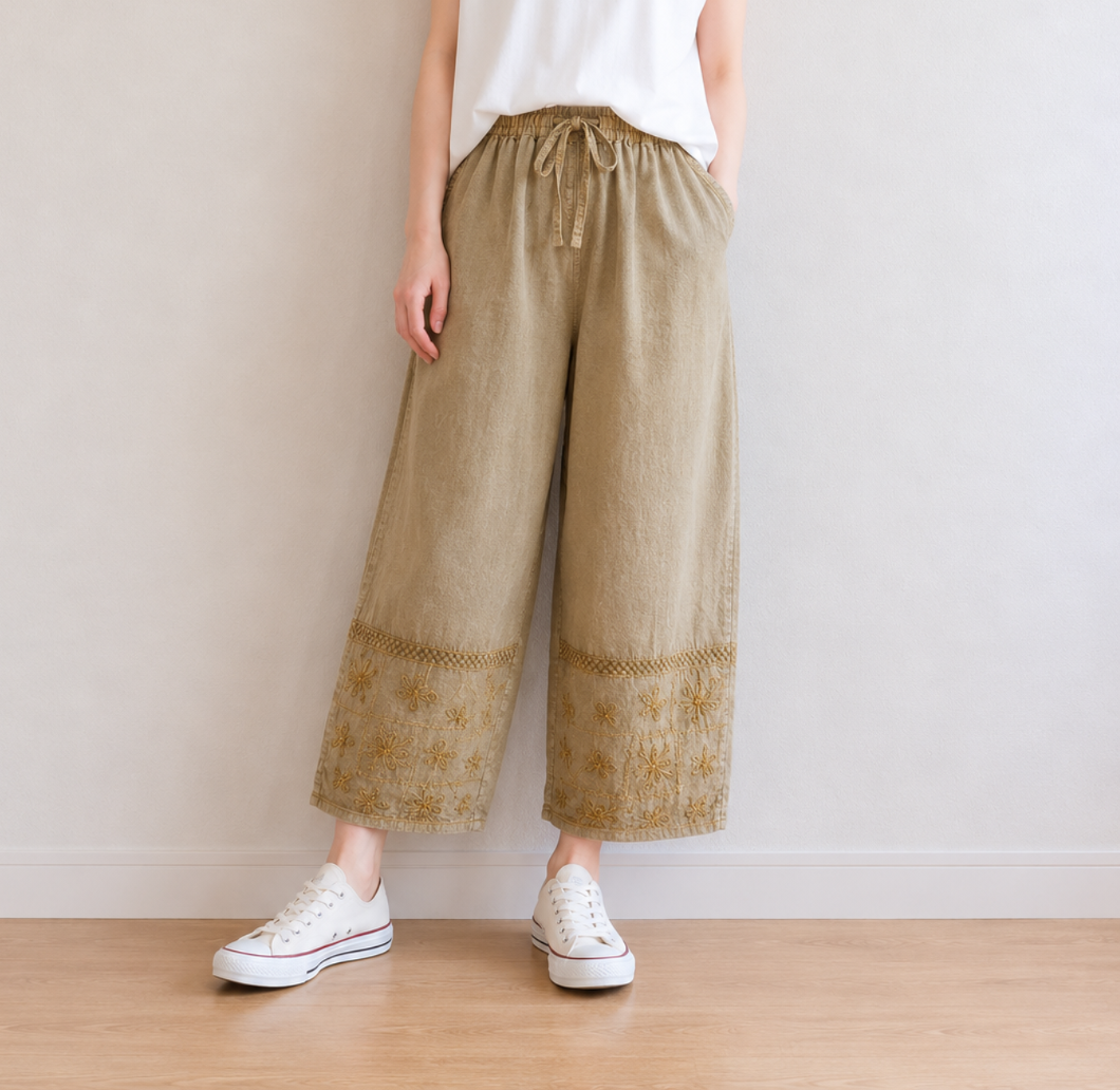 夏物　インド綿7分丈裾刺繡パンツ  ※WASH【30本セット】
