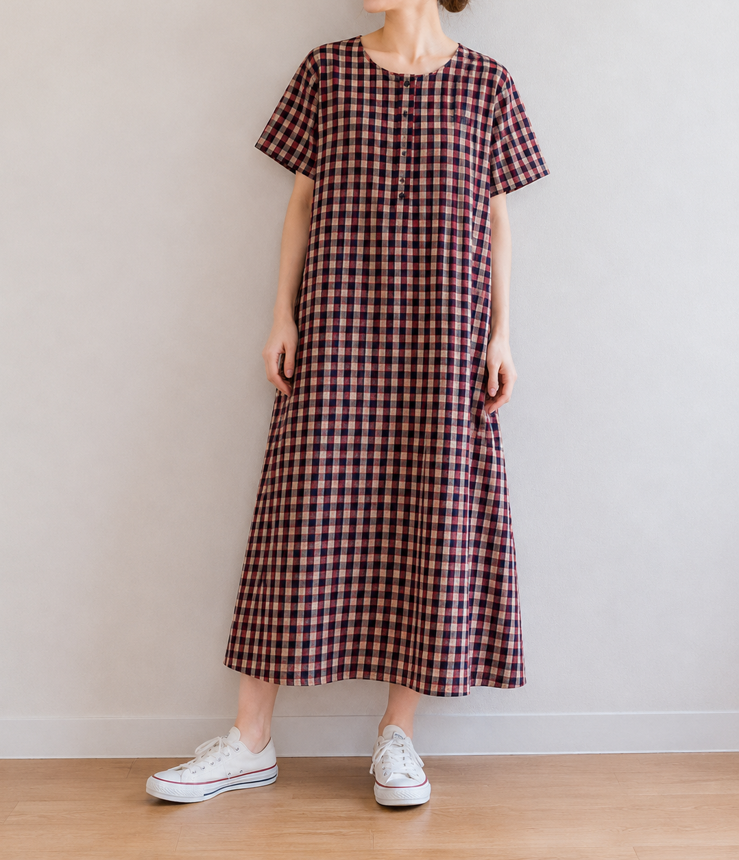 夏物　インド綿前開き格子柄ロングワンピース【30枚セット】