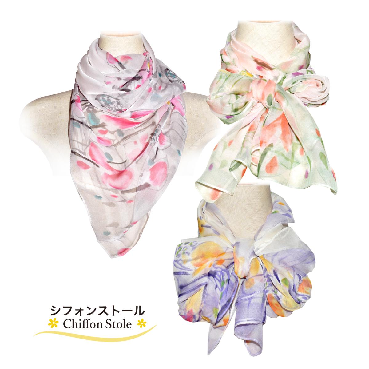 新作 ストール シフォン 花柄 冷房対策 日焼け防止 日差しよけ ワンポイント 幅26cm長さ31