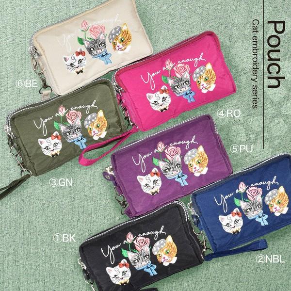 定番2025 新作 ポーチ 猫 刺繍 化粧ポーチ 小物入れ 3連ファスナー 3連ポケット ポーチ