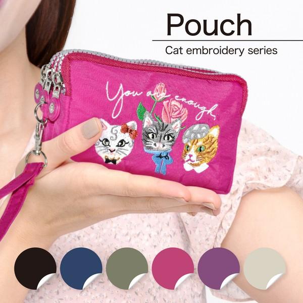 定番2025 新作 ポーチ 猫 刺繍 化粧ポーチ 小物入れ 3連ファスナー 3連ポケット ポーチ