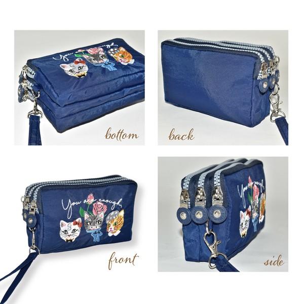 定番2025 新作 ポーチ 猫 刺繍 化粧ポーチ 小物入れ 3連ファスナー 3連ポケット ポーチ