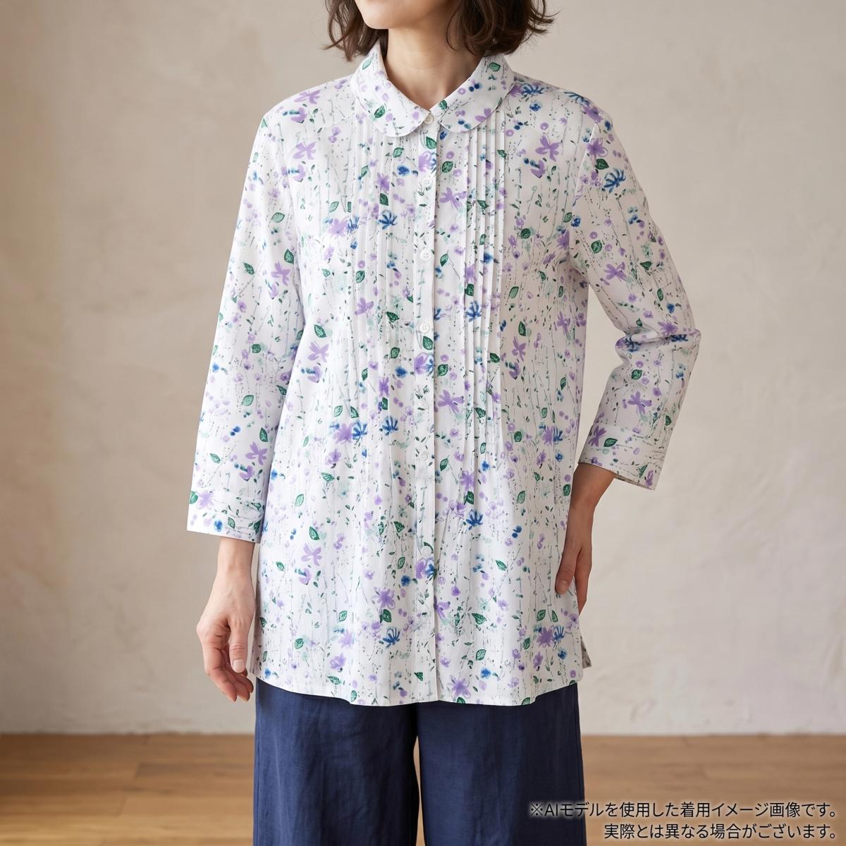 婦人 綿100% ボカシ柄 プリントブラウス 【2枚セット】パープル M/L 各1枚 レディース 