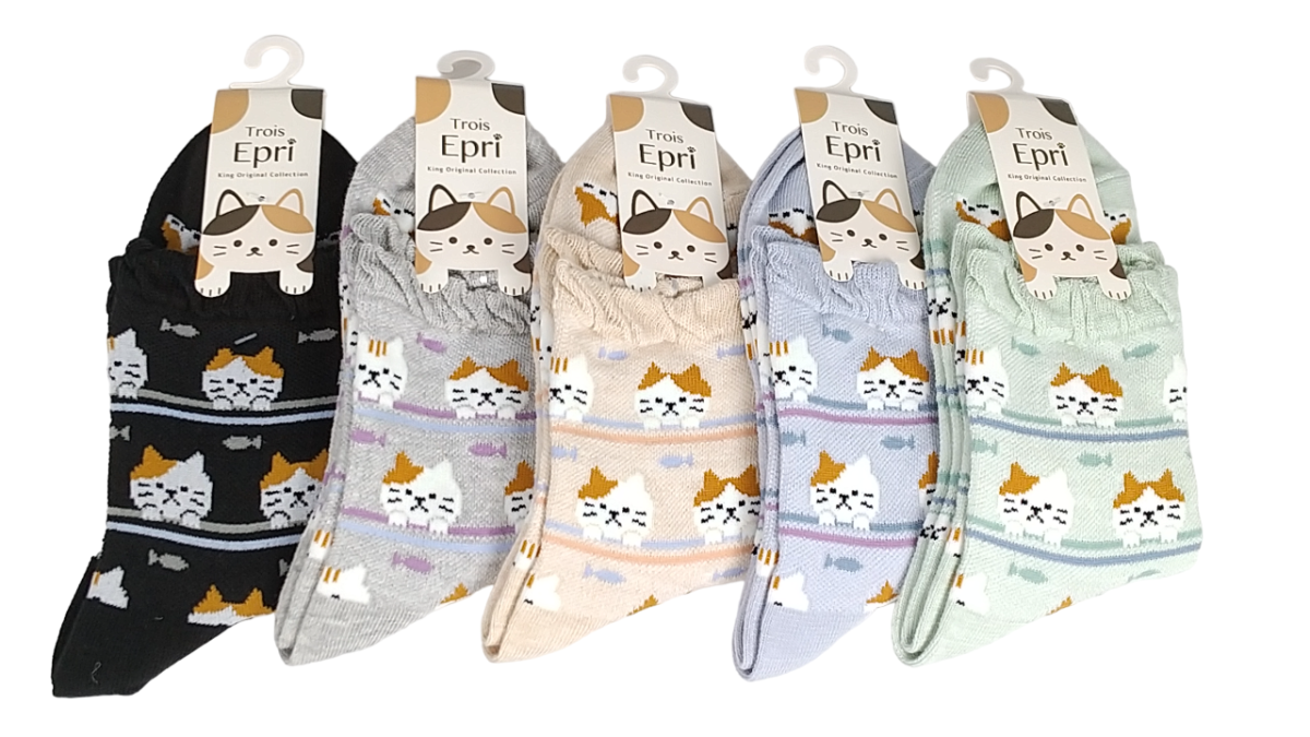 【日本製クルー】　総メッシュ　猫と魚　ボーダー