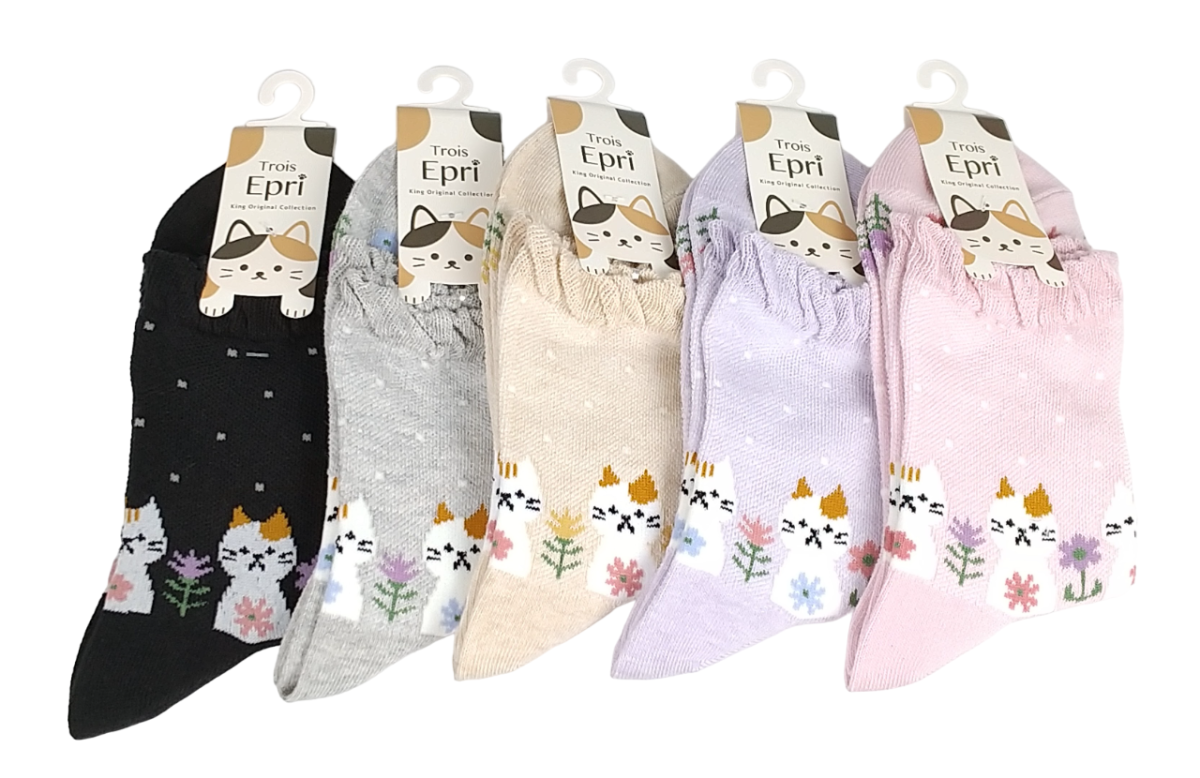 【日本製クルー】　総メッシュ　足首に猫と花