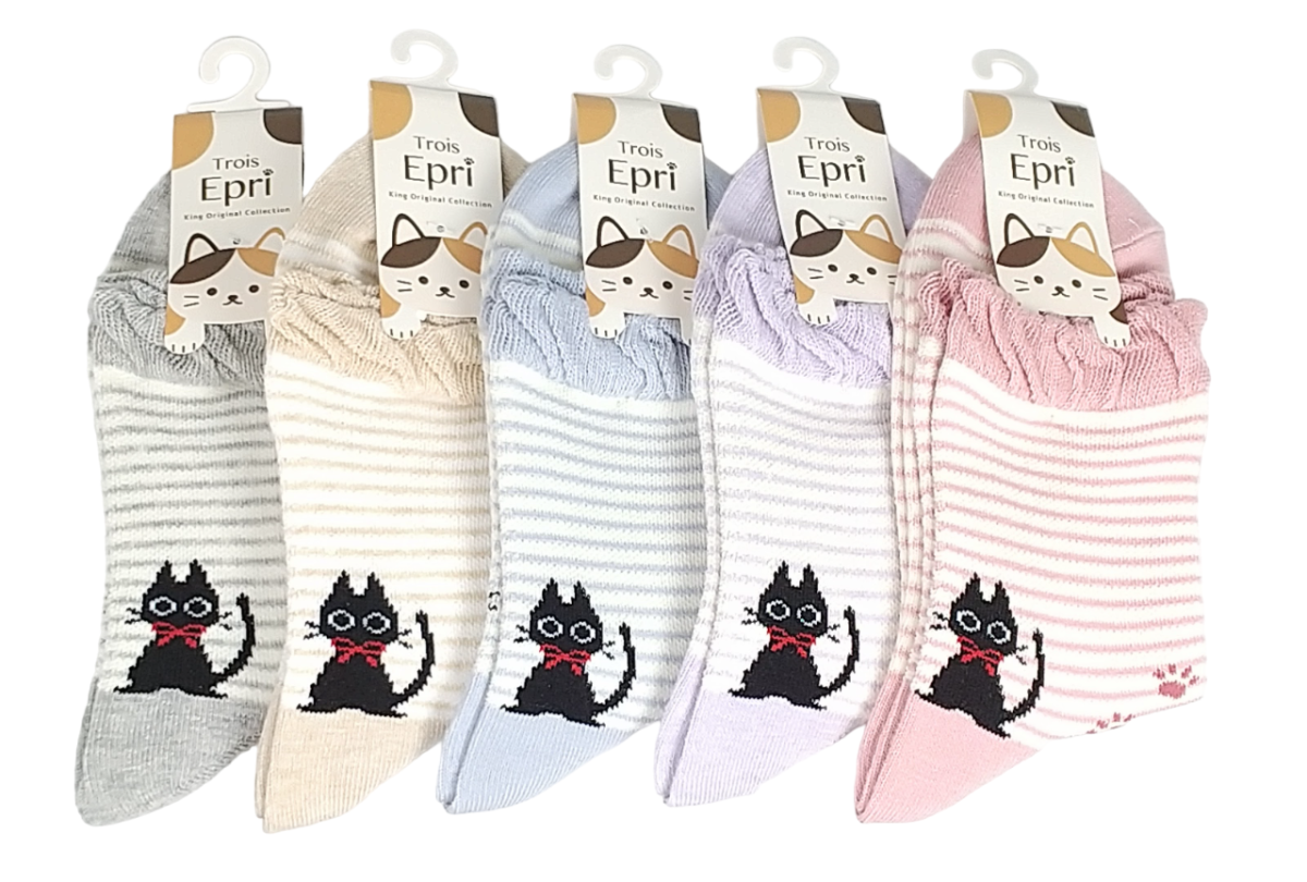 【日本製クルー】　総メッシュ　かかと黒猫×ボーダー