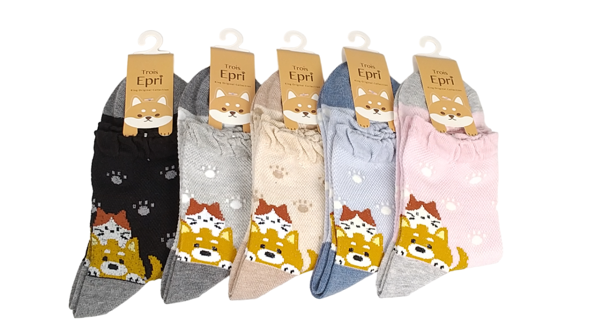 【日本製クルー】　総メッシュ　かかと柴犬と猫