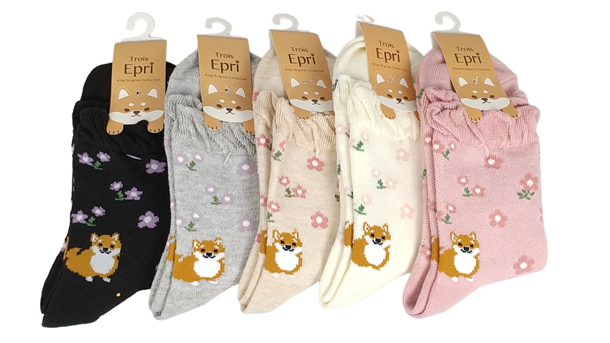 【日本製クルー】　かかと柴犬と花柄メッシュ