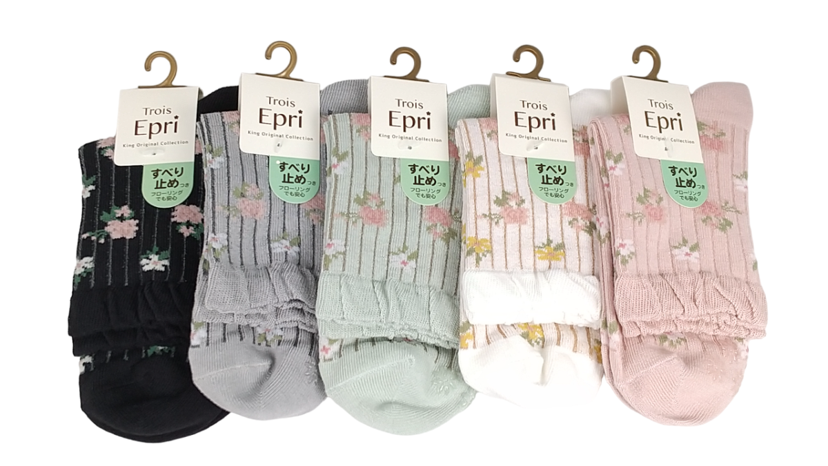 【クルーソックス】　スパイラルストライプ花柄　滑り止め付き