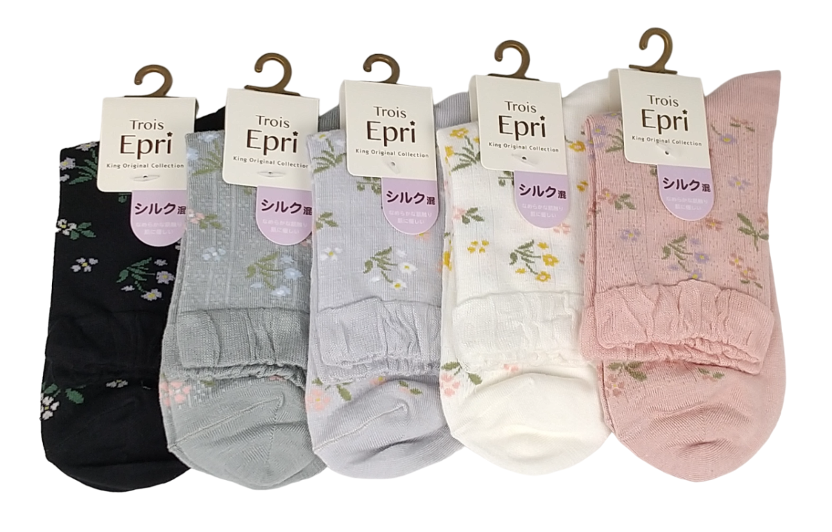 【クルーソックス】　柄メッシュ花　シルク混