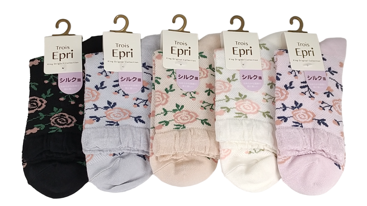 【クルーソックス】　薔薇柄総メッシュ　シルク混