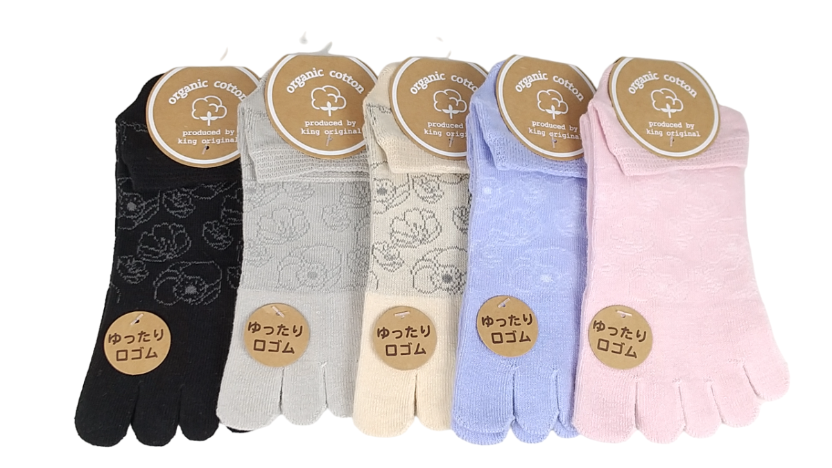 【5本指ソックス】　オーガニックコットン　スパイラル花　ショート丈　ゆったり口ゴム