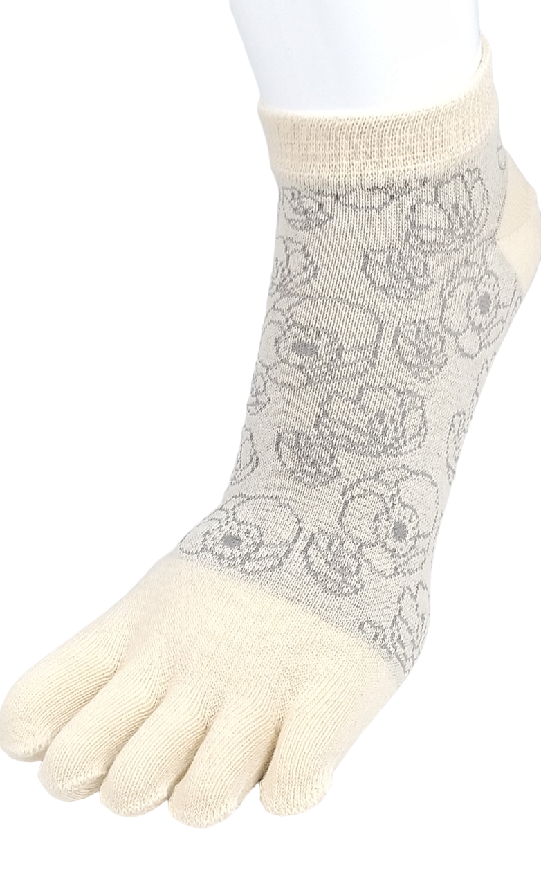 5本指ソックス　オーガニックコットン　スパイラル花　ショート丈　ゆったり口ゴム