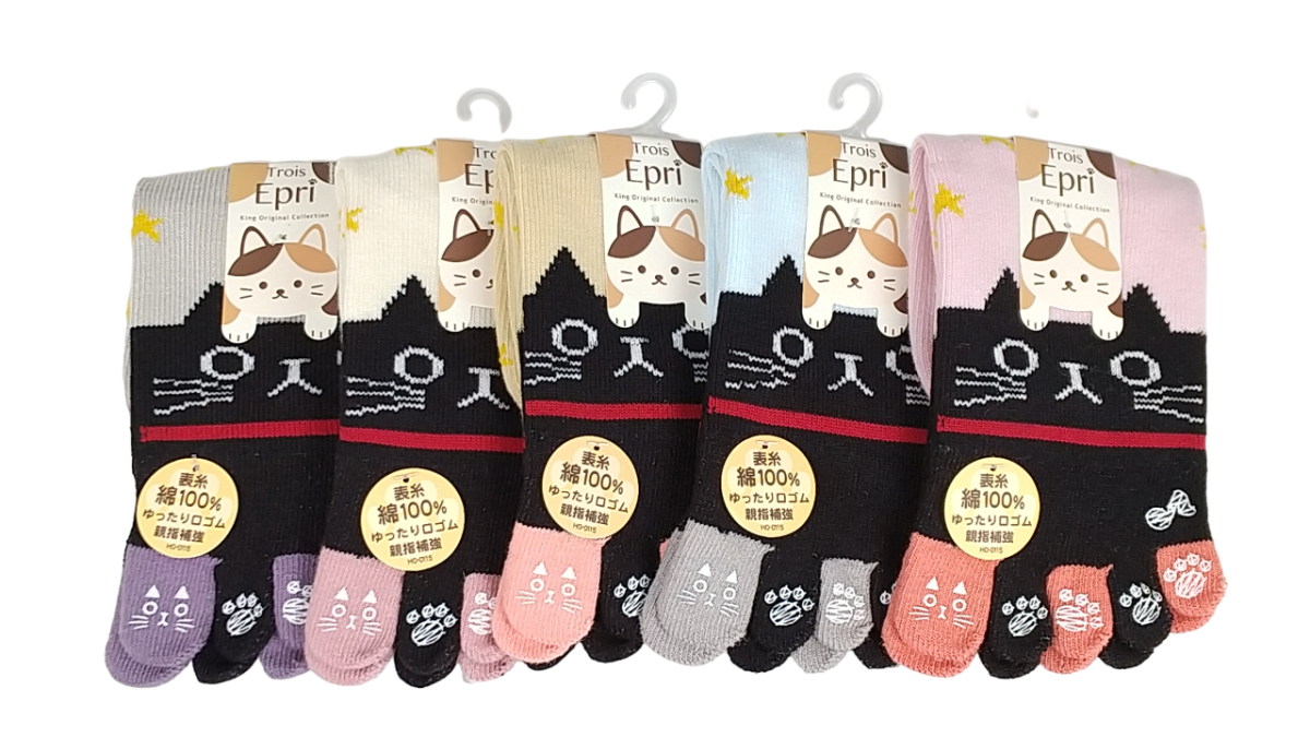 【5本指ソックス】　星柄＆猫柄指先プリント　親指補強　ゆったり口ゴム　クルー丈