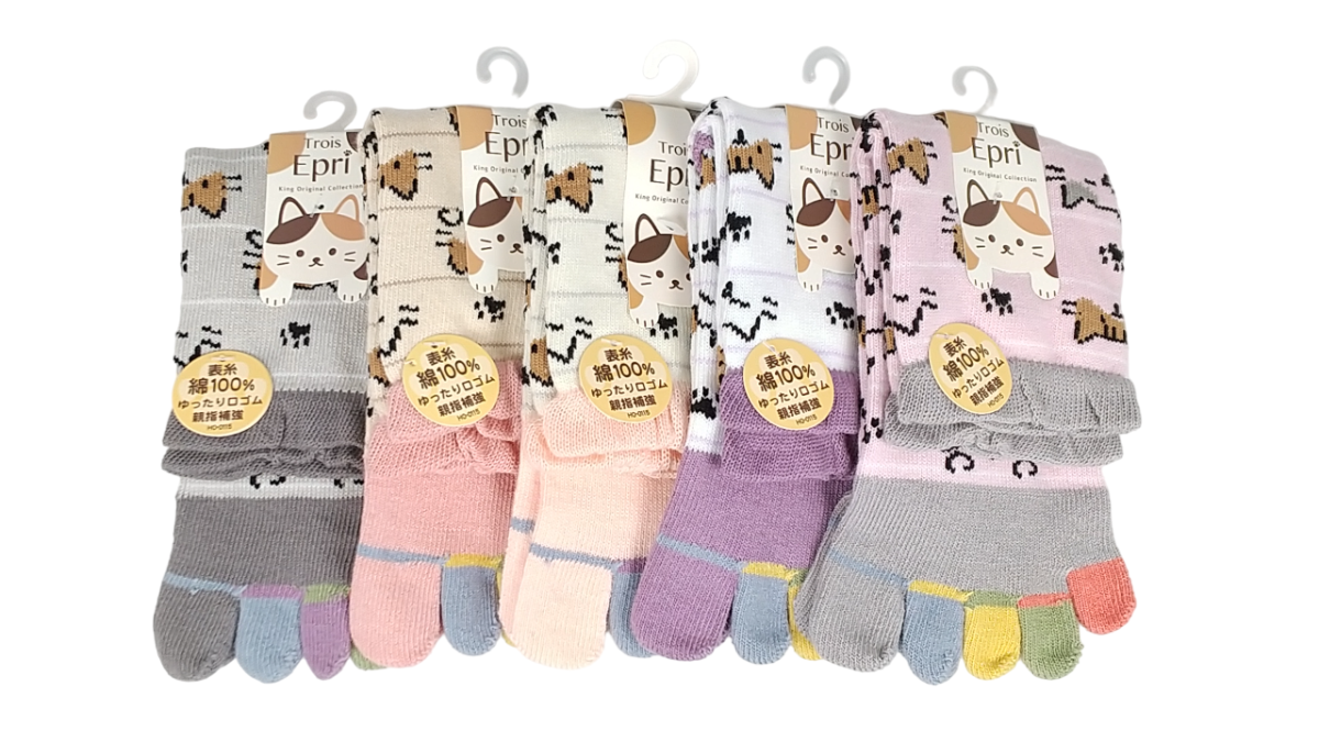 【5本指ソックス】　指先マルチカラー　滑り止め付き　ゆったり口ゴム　表糸綿100％　クルー丈