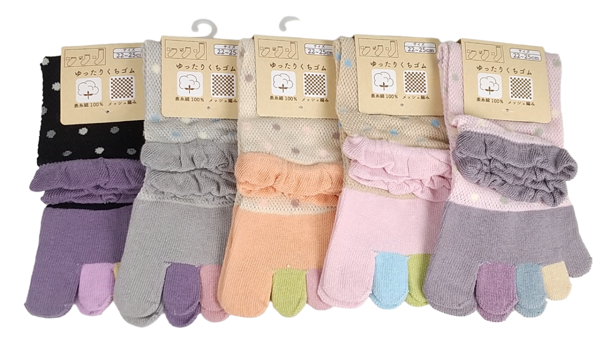 【5本指ソックス】　総メッシュ2色ドット　ゆったり口ゴム　表糸綿100％　クルー丈