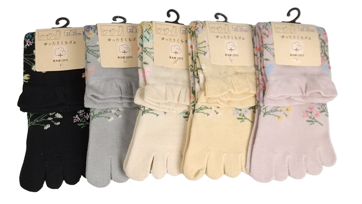 【5本指ソックス】　花柄　ゆったり口ゴム　表糸綿100％　クルー丈