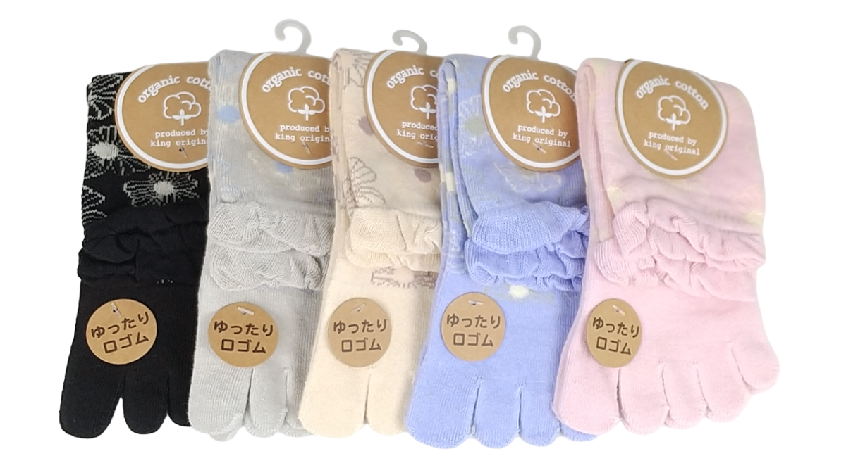 【5本指ソックス】　2色ライン花　オーガニックコットン　ゆったり口ゴム　クルー丈