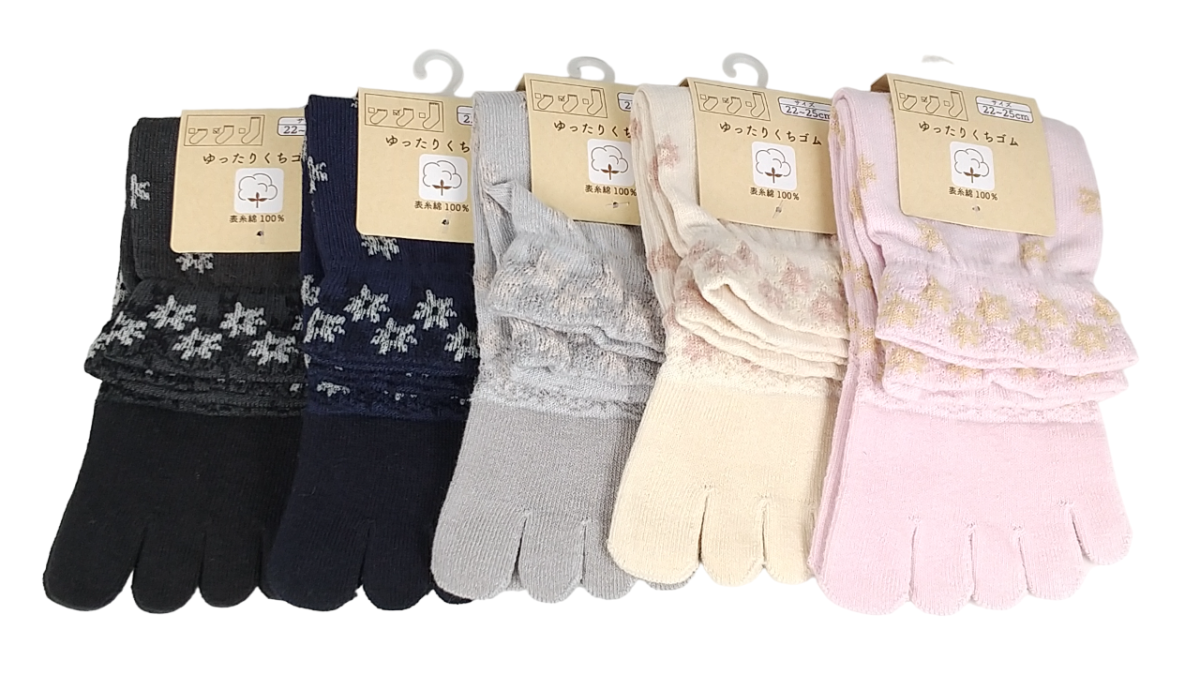 【5本指ソックス】　フロート入り小花柄　　ゆったり口ゴム　表糸綿100％　クルー丈