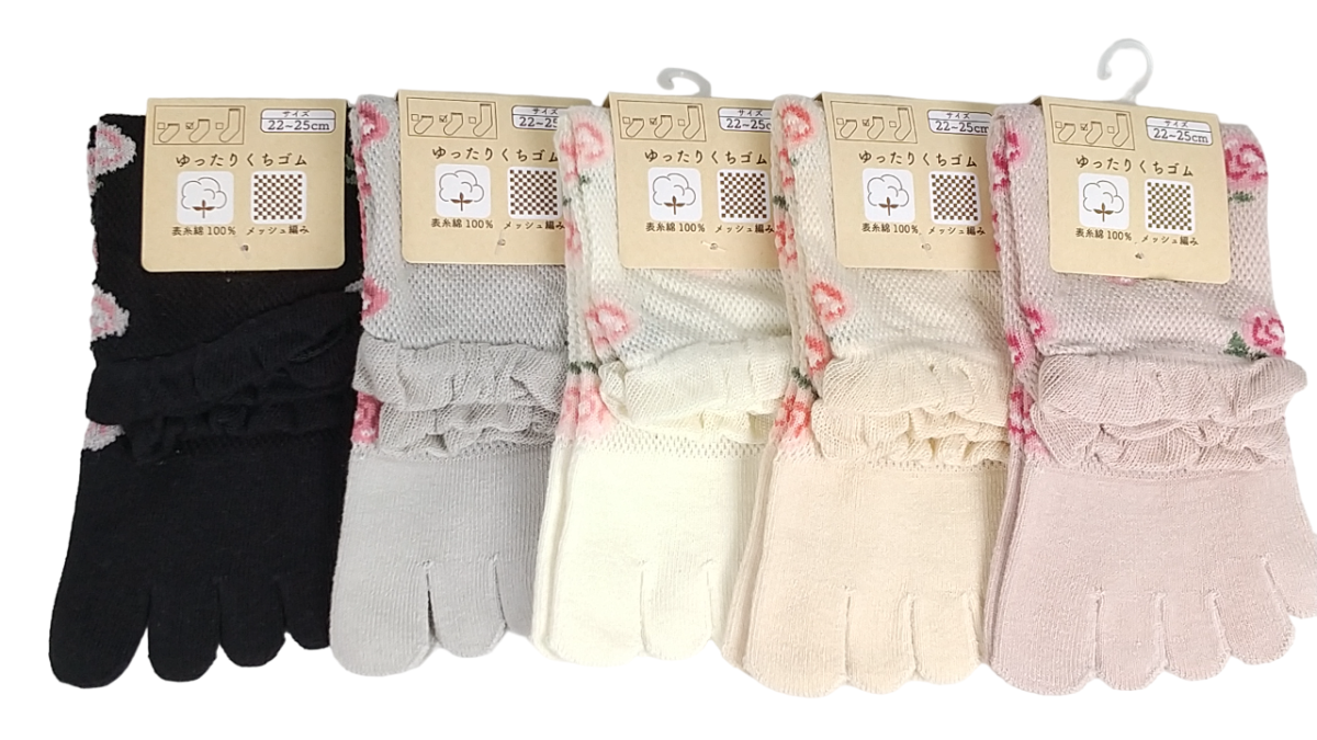 【5本指ソックス】　総メッシュ薔薇柄　　ゆったり口ゴム　表糸綿100％　クルー丈