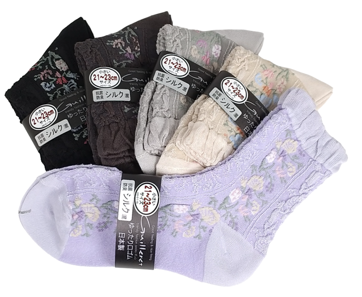 【Guilleretクルーソックス】　小さいサイズ　フロートセンター花　　抗菌防臭シルク混　小寸