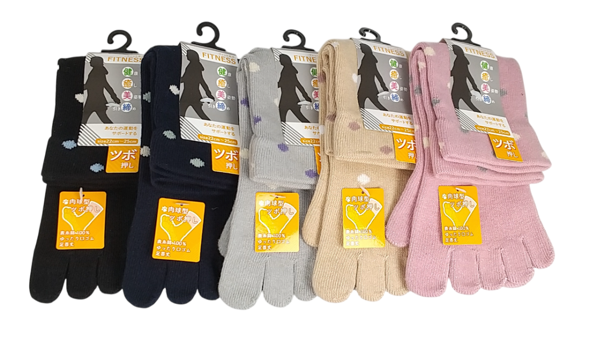 【フィットネス5本指】　ツボ押し　2色ドット　クルー丈