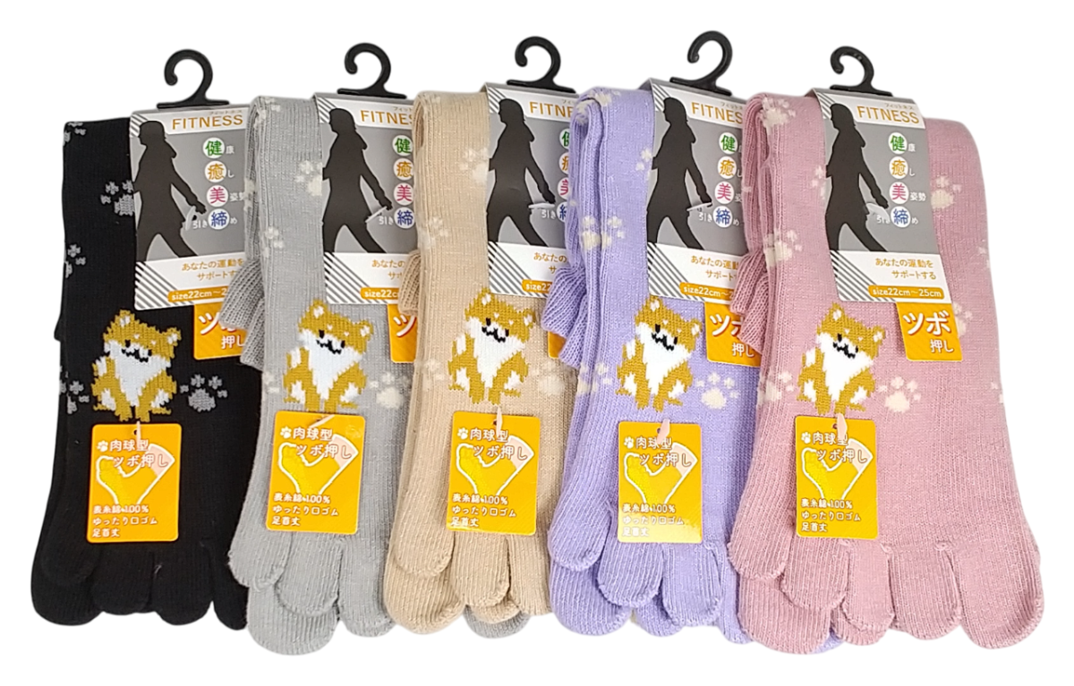 【フィットネス5本指】　ツボ押し　柴犬＆足跡　クルー丈