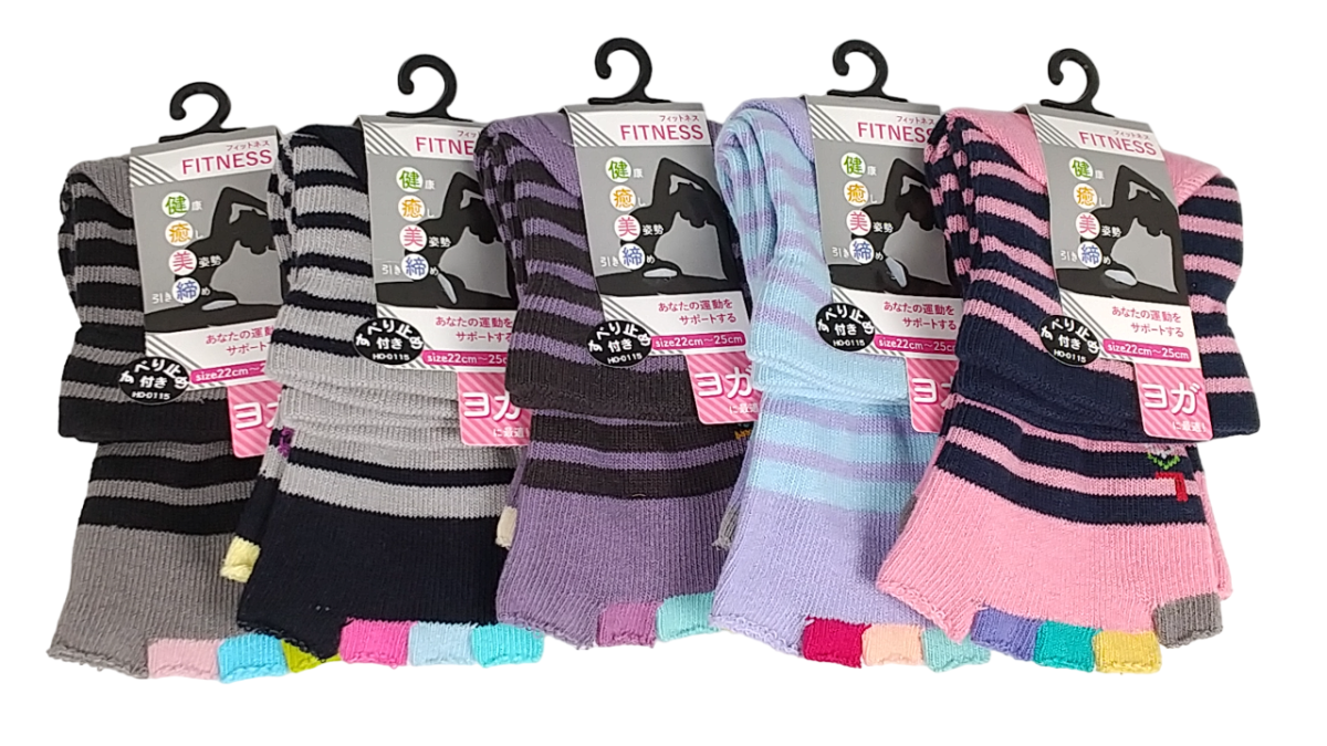 【フィットネス5本指】　ヨガソックス　指先無しボーダー　かかと＆足底