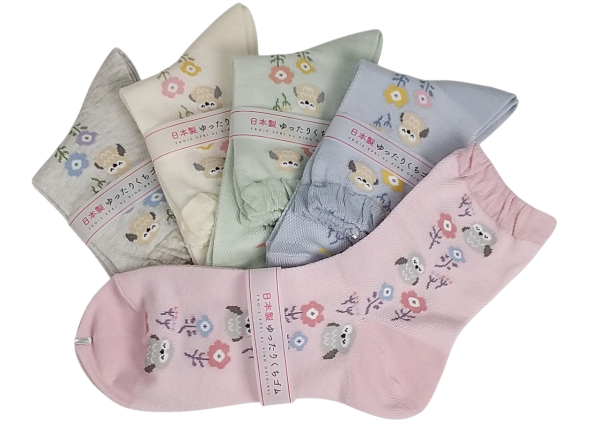 【日本製クルーソックス】　総メッシュセンターにフクロウと花
