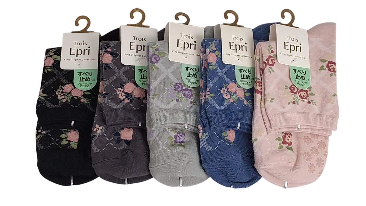 【日本製クルーソックス】　スパイラルチェック+薔薇柄　滑り止め付き　表糸綿100％