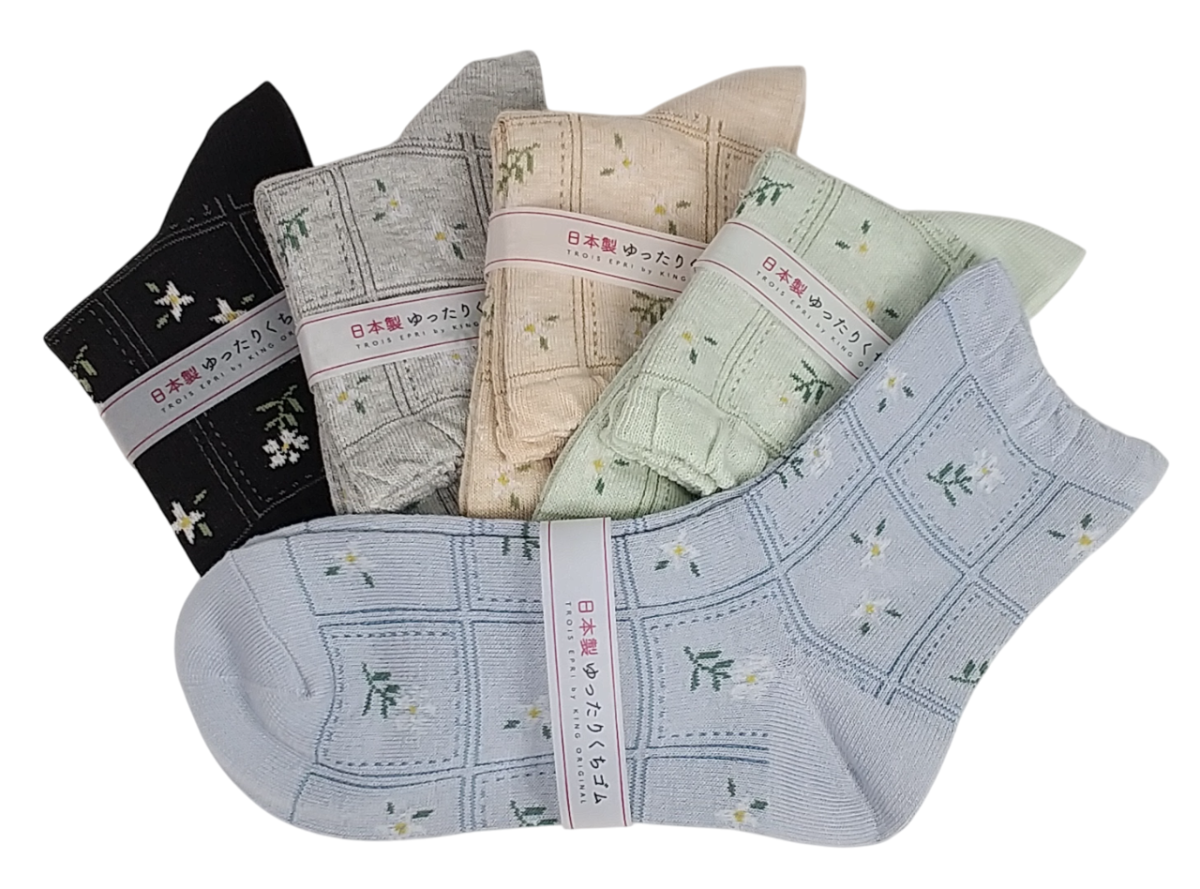 【日本製クルーソックス】　花とスパイラル格子