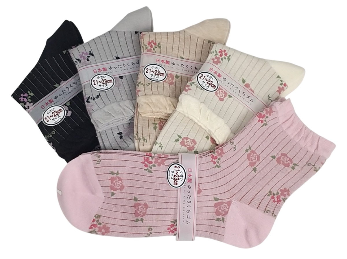 【日本製クルーソックス】　小寸　スパイラルストライプ+薔薇柄