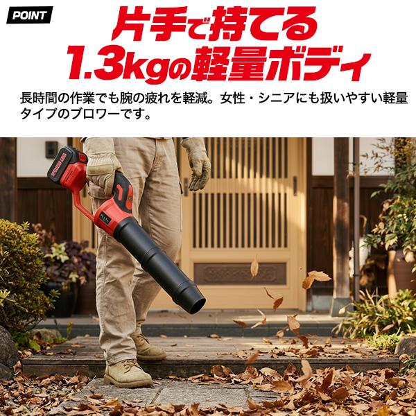 最大風速55msのパワフルな送風で落ち葉を吹き飛ばす　充電式ハンディブロワー