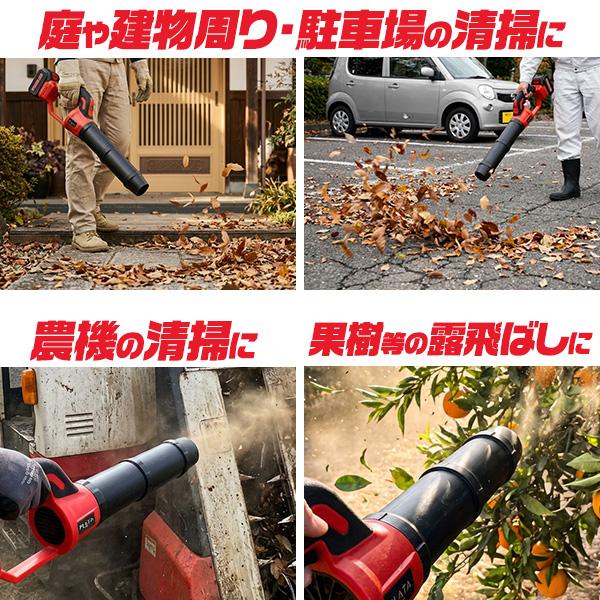 最大風速55msのパワフルな送風で落ち葉を吹き飛ばす　充電式ハンディブロワー