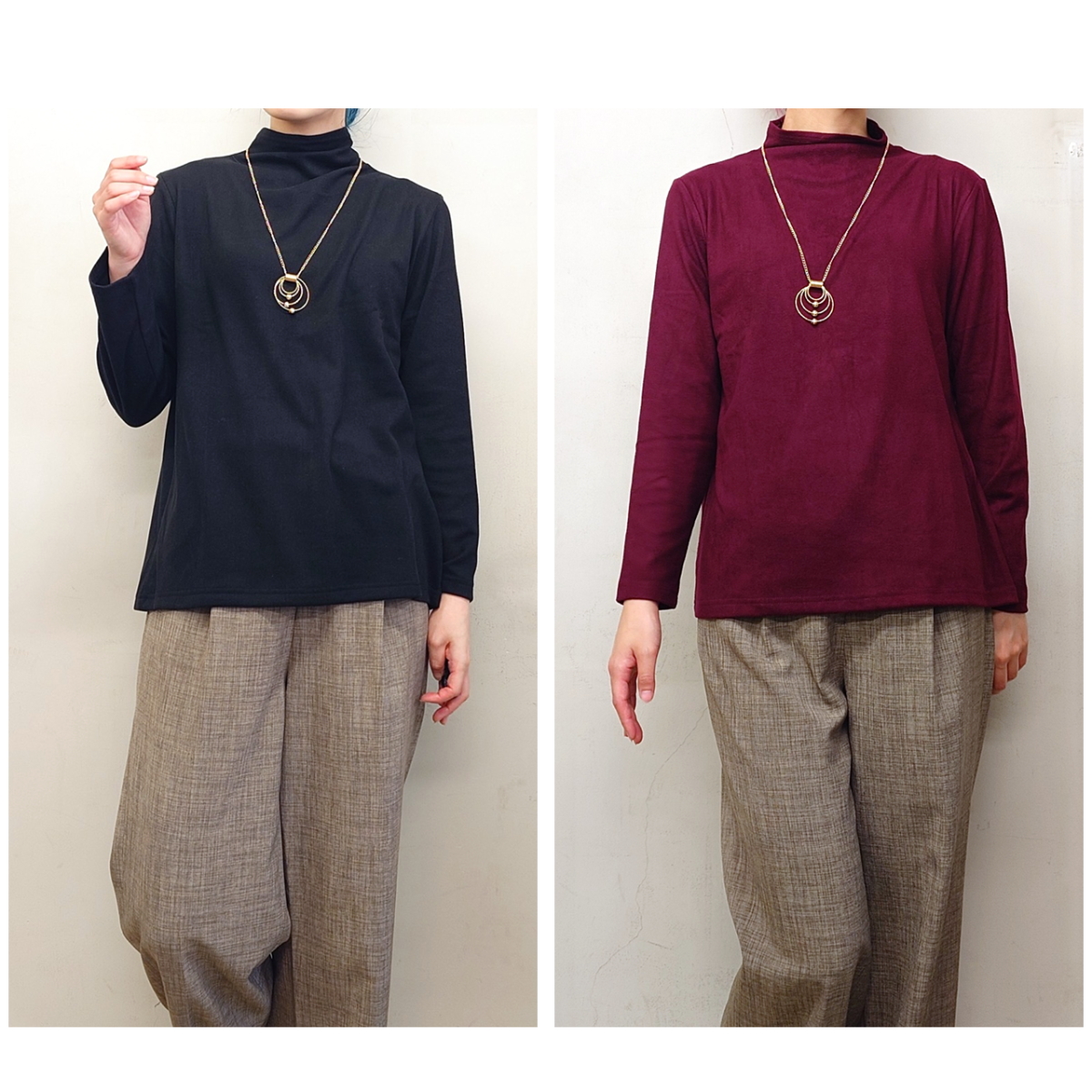 ネックレス付き　ピーチ起毛　ボトルネック　カットソー