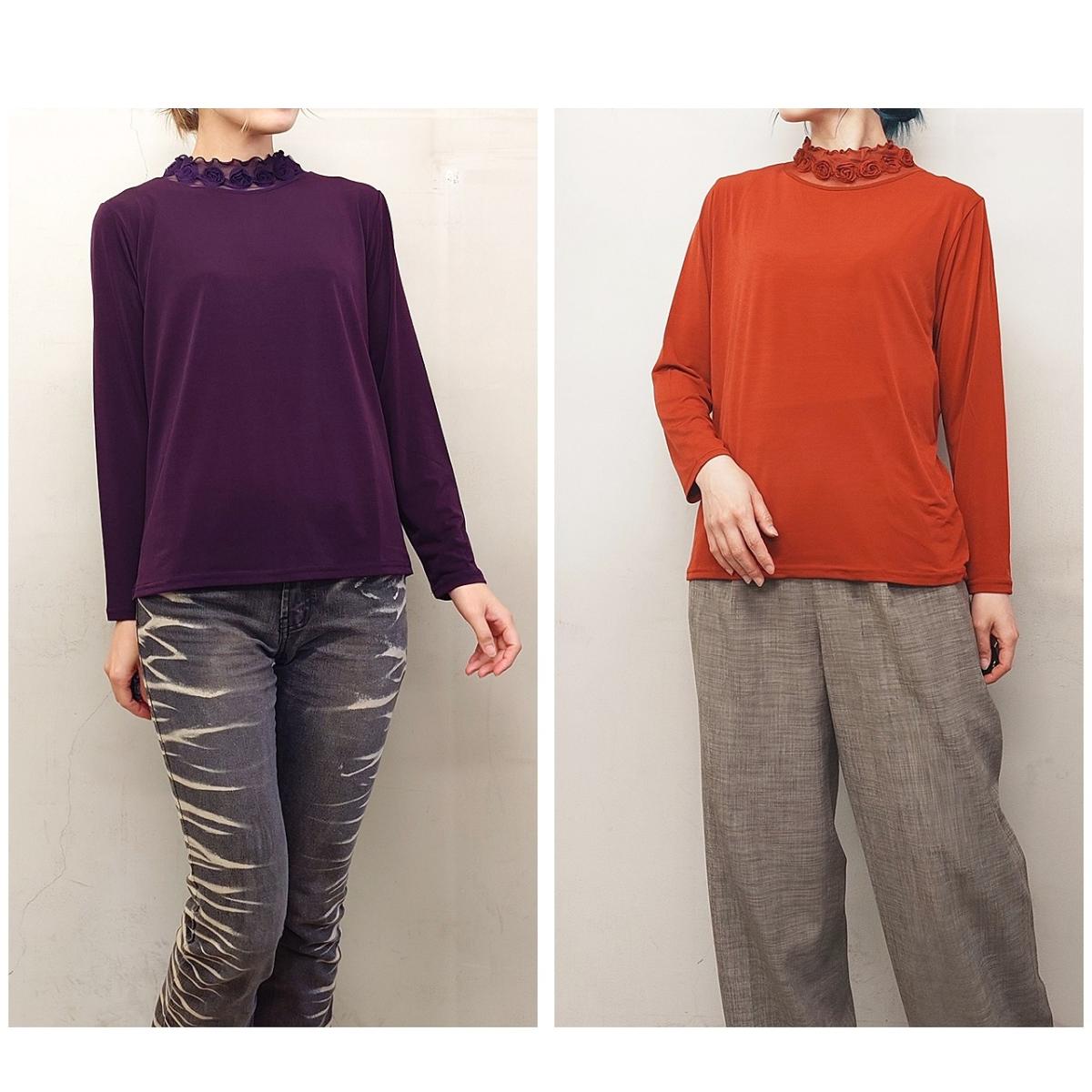 襟ぐるぐる　無地長袖Tシャツ