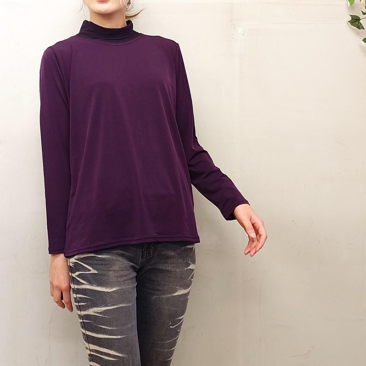 襟シアープリーツ　無地長袖Tシャツ