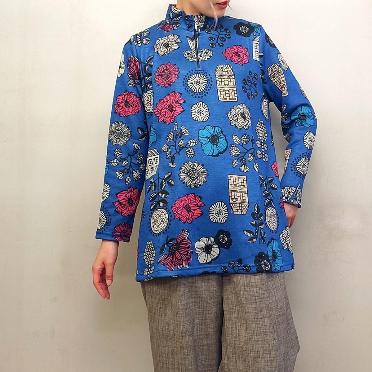 3L裏起毛　花柄プリント　ハーフジップチュニック