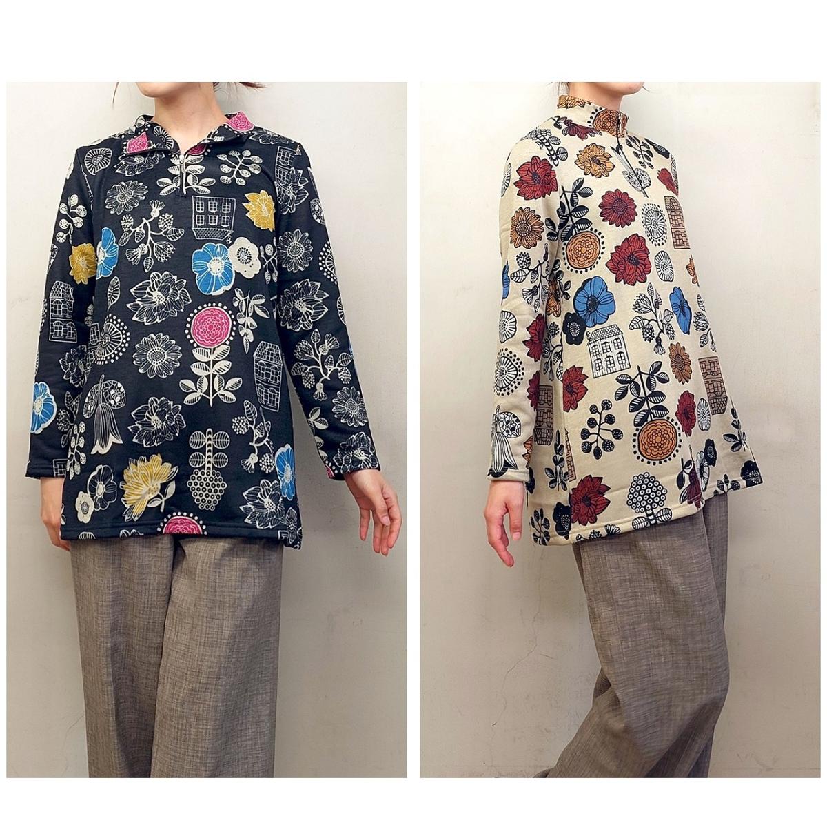 3L裏起毛　花柄プリント　ハーフジップチュニック