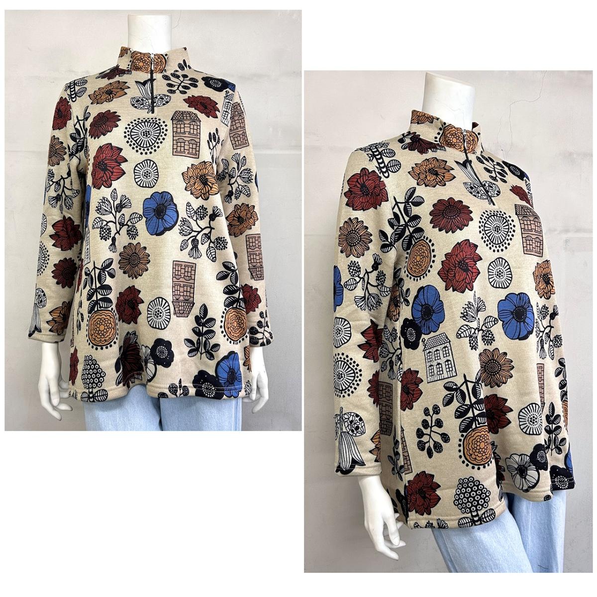 3L裏起毛　花柄プリント　ハーフジップチュニック