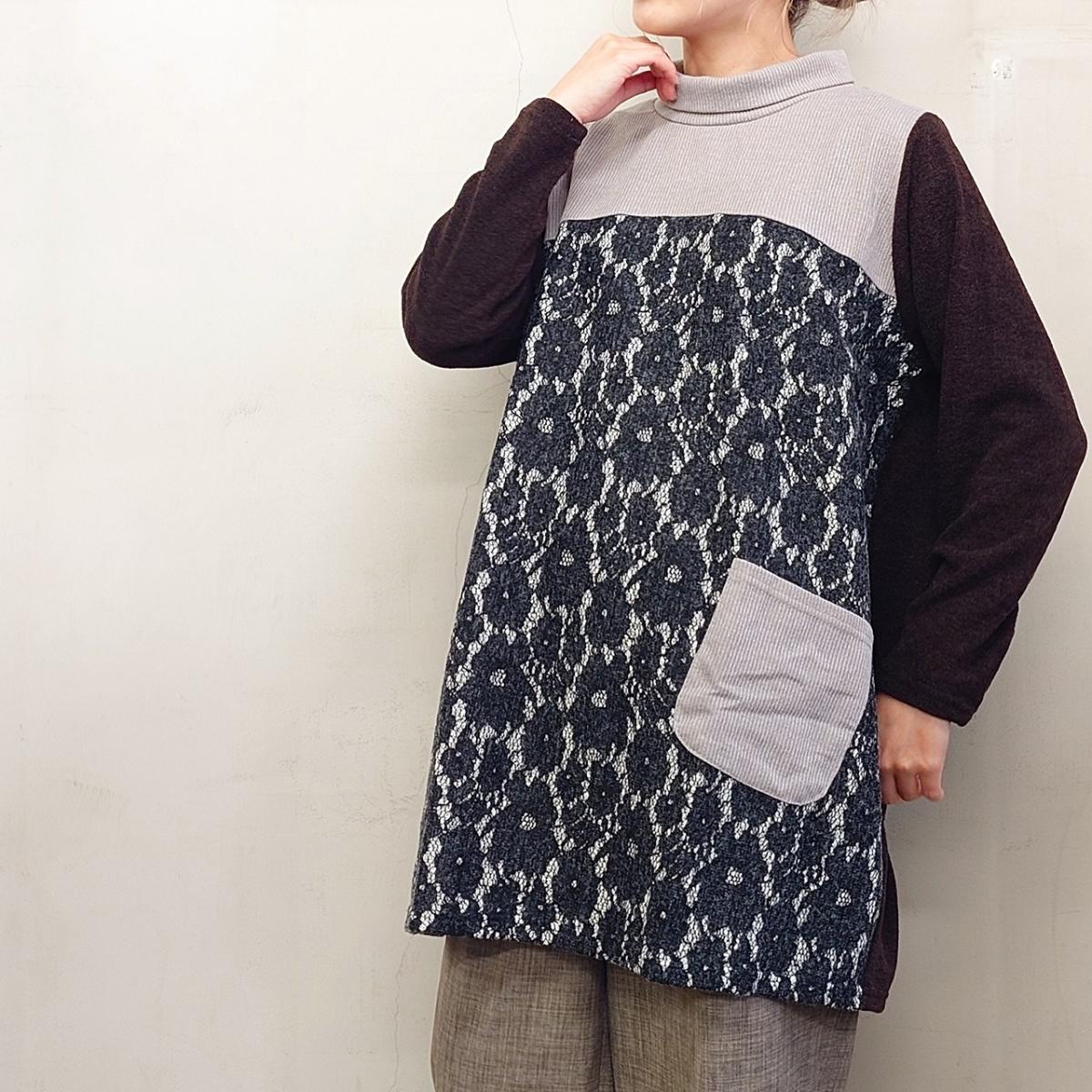 3Lお買い得4枚アソートレース切替え　タートルネック　ゆったりチュニック