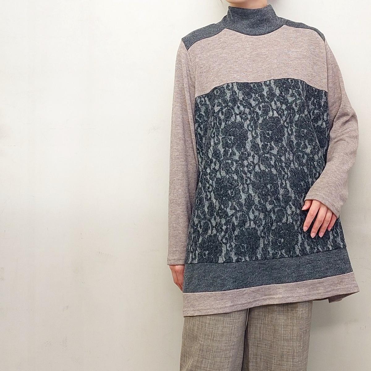 3Lお買い得4枚アソートレース切替え　タートルネック　ゆったりチュニック