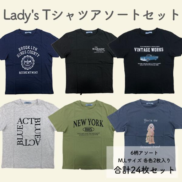 【ML/24枚セット】ヤングカジュアルプリント レディース Tシャツ 綿100％ 6柄アソート