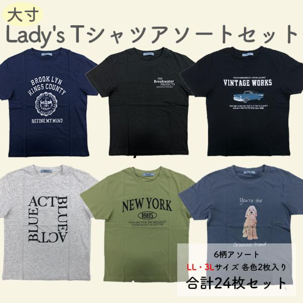 大寸【LL,3L/24枚セット】ヤングカジュアルプリント レディース Tシャツ 綿100％ 