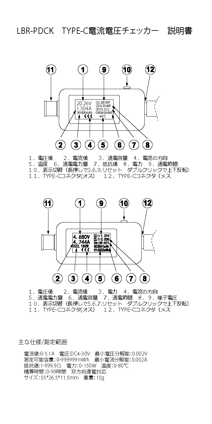 【5個セット】Libra TYPE-C電流電圧チェッカー　30V/5.1A対応　USBチェッカー