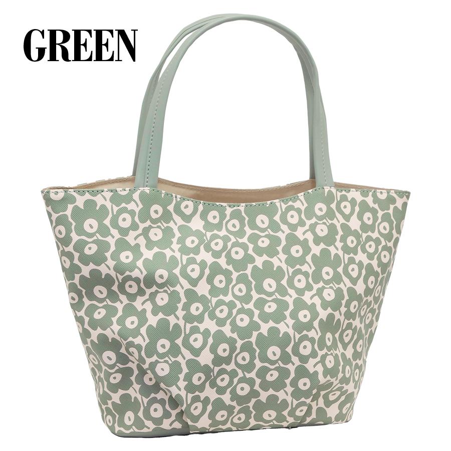 ミセス 合皮 花柄  軽量 ショルダー トート 手提げ バッグ ブラック ピンク グリーン グレー 