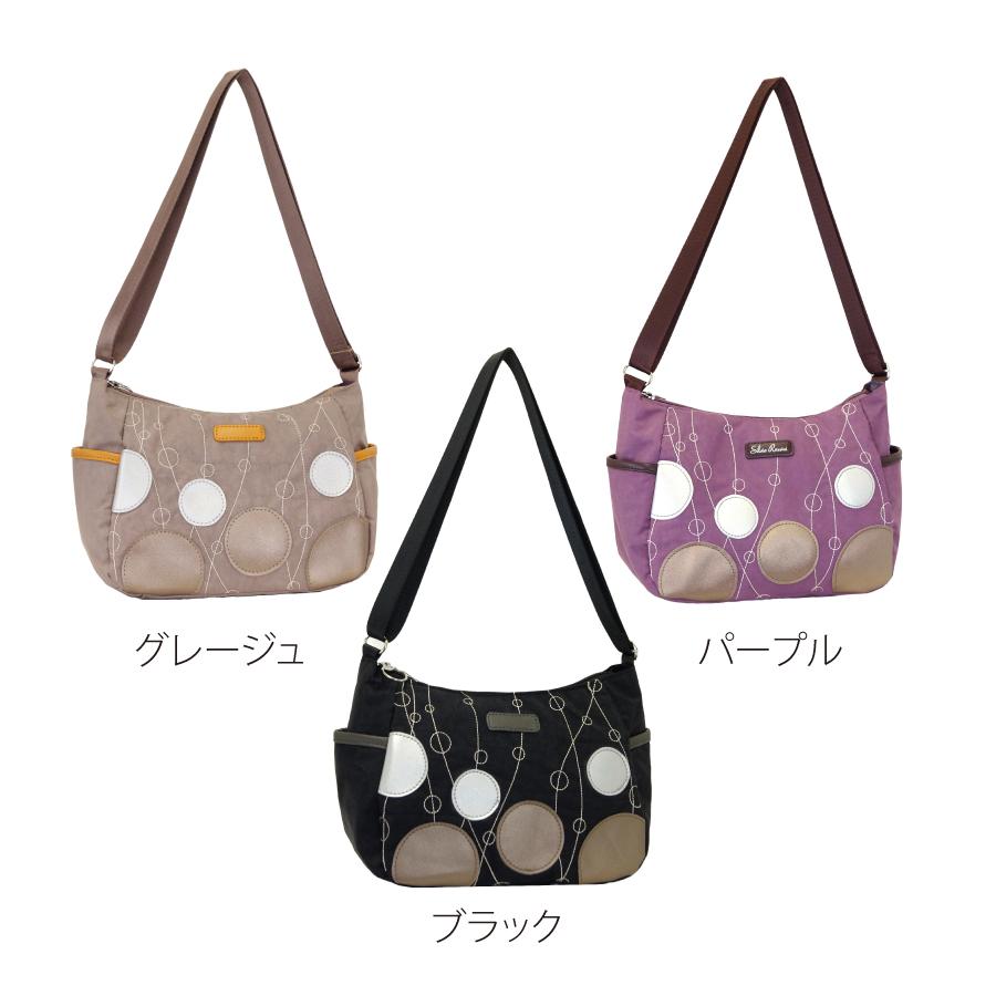 ミセス バッグ ショルダー サークル柄 刺繍 合成皮革  ブラック グレージュ パープル