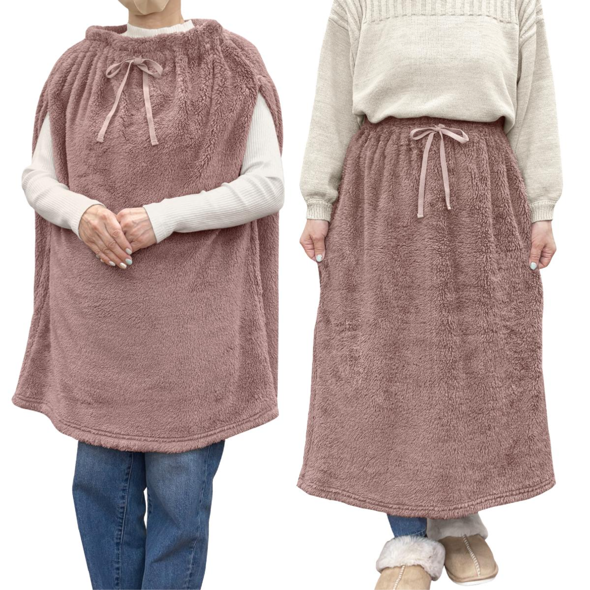 ボア無地　被ってケープ　ブランケット 2way